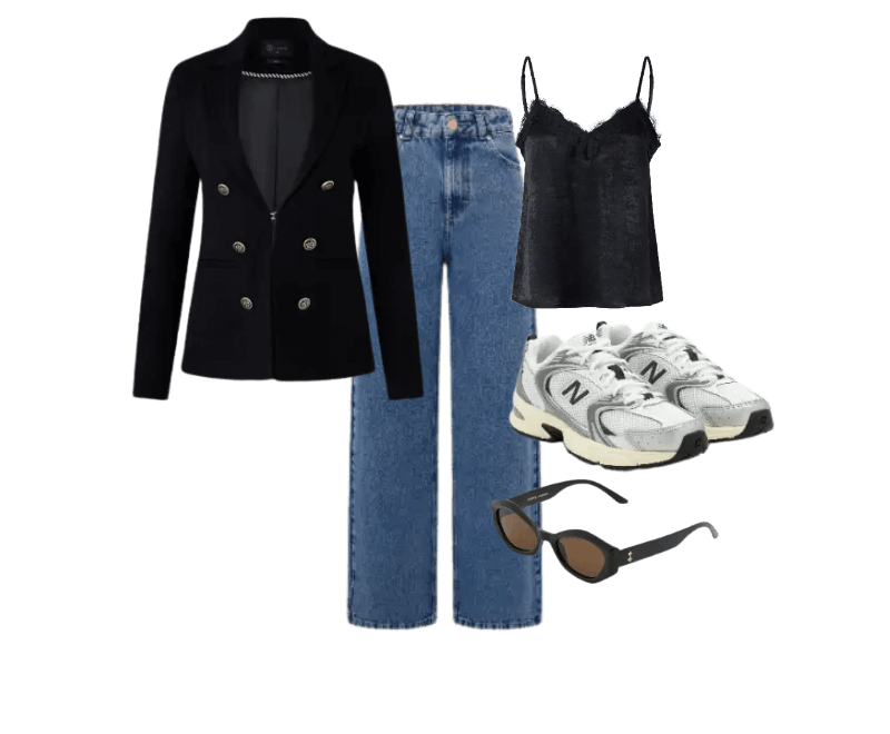 blazer preto, regata preta, calça jeans azul, tênis branco, óculos de sol preto