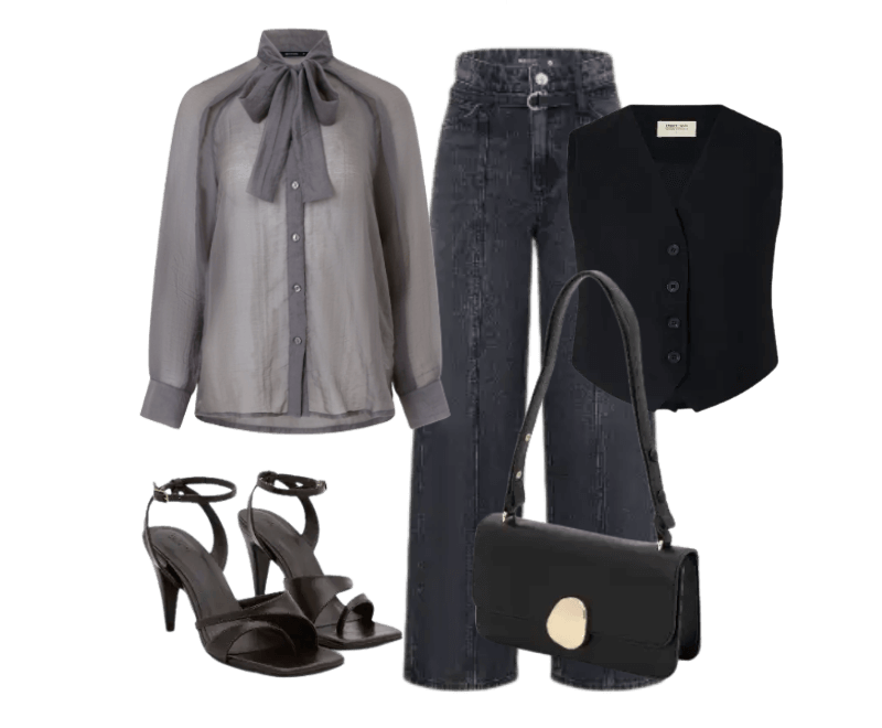 blusa cinza transparente, calça preta jeans, colete preto, sandálias pretas, bolsa preta de ombro