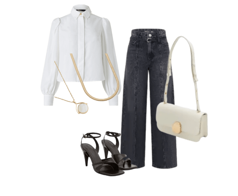 camisa branca, calça jeans escura, sandálias pretas, bolsa branca, colar dourado, bracelete dourado