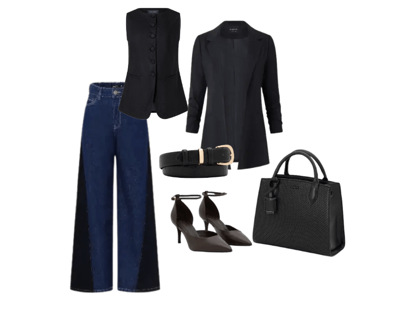 blazer preto, colete preto, calça jeans azul, sapato preto bico fino, cinto preto, bolsa preta