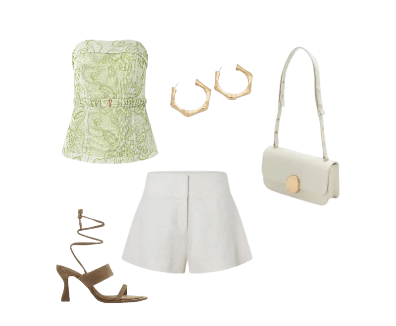 top verde estampado, shorts brancos, sandálias nude, brincos dourados, bolsa creme