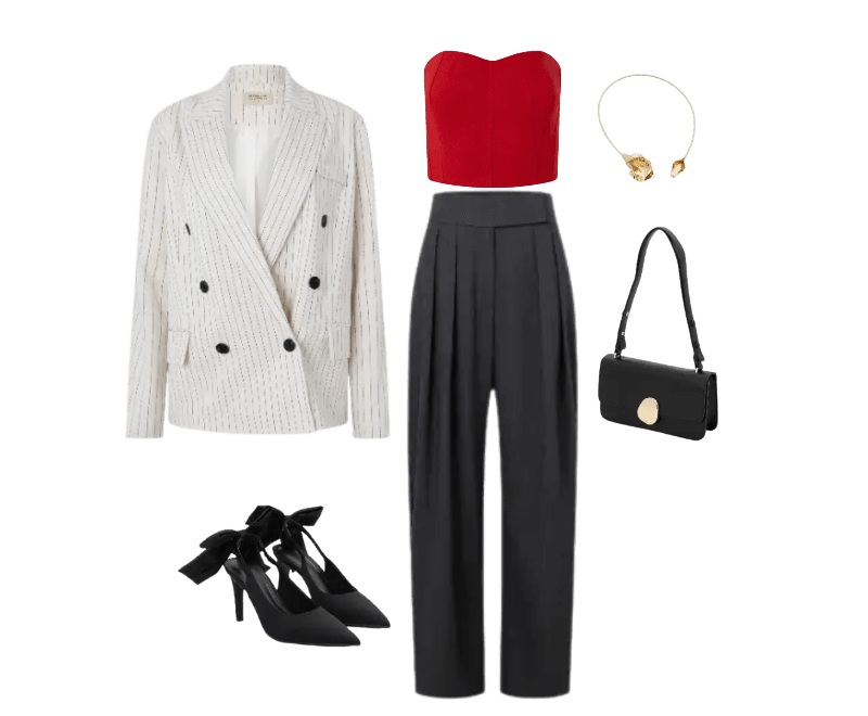 blazer branco risca de giz, bustier vermelho, calça preta alfaiataria, scarpins pretos, bolsa preta dourada, colar dourado.
