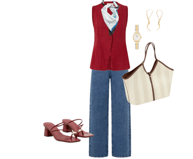 colete vermelho, calça jeans flare, sandálias bordô, bolsa palha, lenço estampado, relógio dourado, brincos dourados
