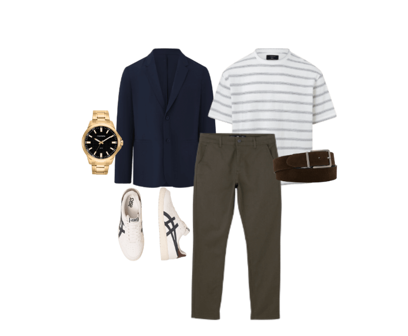 blazer azul marinho, camiseta listrada, calça verde oliva, cinto marrom, tênis branco, relógio dourado