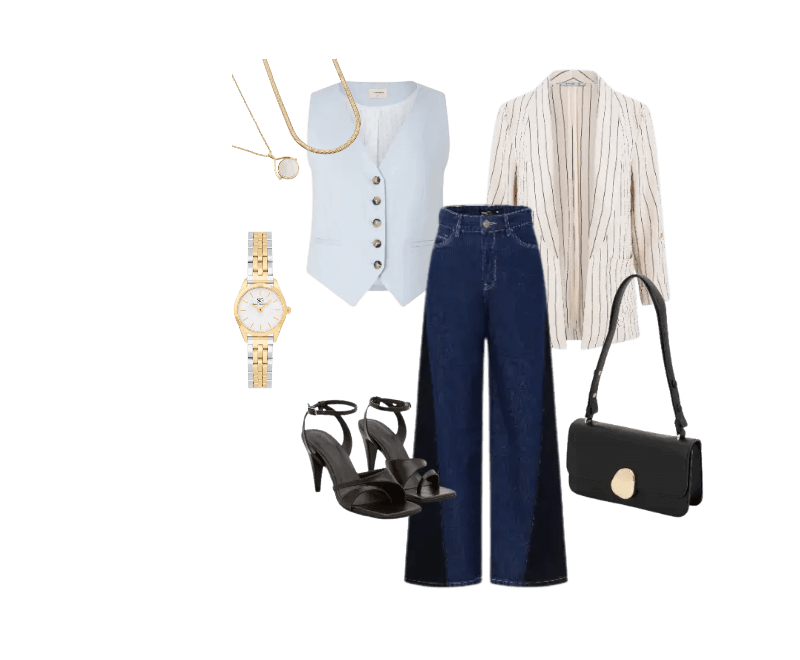 colete azul claro, calça jeans escura, blazer listrado, sandálias pretas, bolsa preta, colar dourado, relógio dourado