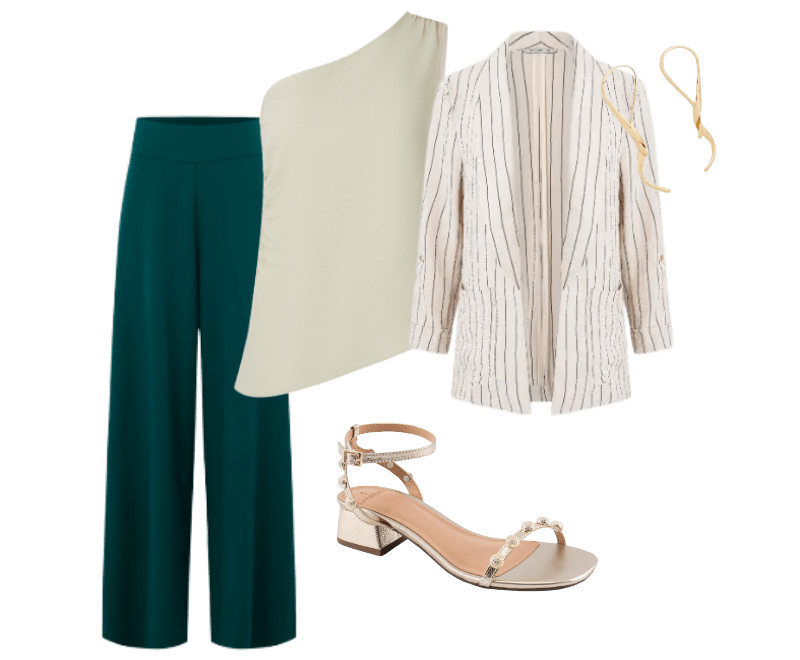top bege um ombro, calça verde esmeralda reta, blazer listrado, sandália bege de salto, cordão dourado