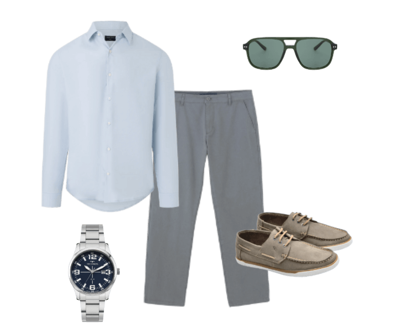 camisa azul clara, calça cinza alfaiataria, mocassins bege, óculos de sol verde, relógio prateado