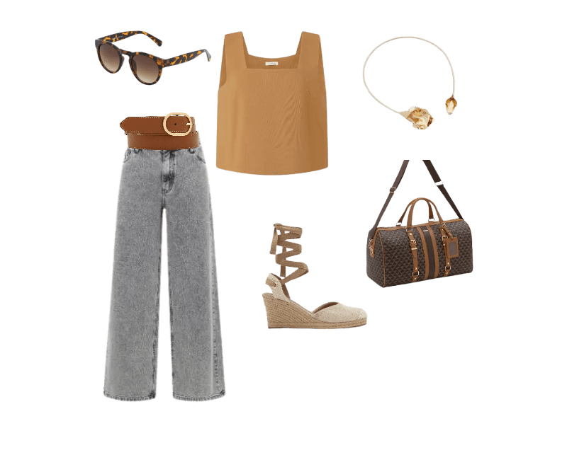 top bege alças, calça jeans wide leg cinza, cinto marrom, sandália plataforma bege, bolsa de mão marrom, tiara dourada, óculos de sol tartaruga