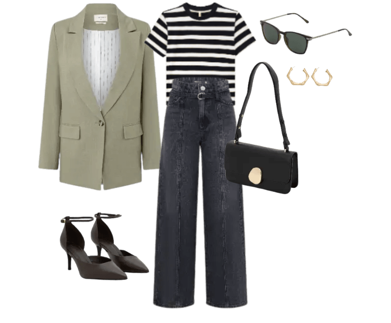 blazer verde-claro, camiseta listrada preto e branco, calça jeans preta, scarpin preto, bolsa preta, óculos de sol preto, brincos dourados