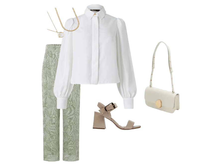 camisa branca, calça verde estampada, sandália nude de salto, bolsa creme, colar dourado