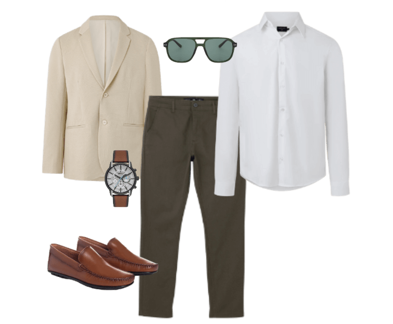 blazer bege, camisa branca, calça verde-oliva, mocassim marrom, óculos de sol preto, relógio de couro marrom