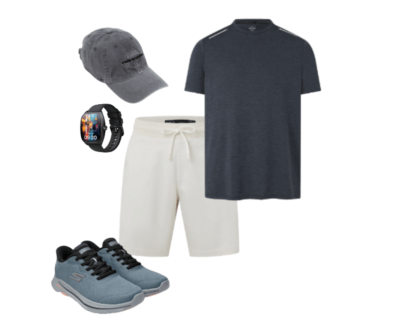 camiseta azul marinho, bermuda branca, boné cinza, relógio inteligente preto, tênis cinza