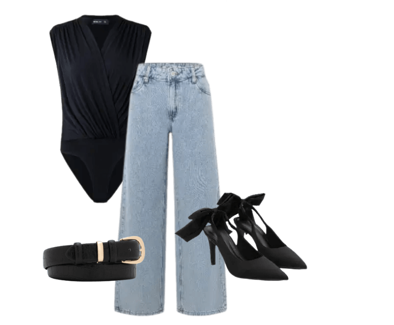 body preto drapeado, calça jeans clara, sapatos pretos com laço, cinto preto com fivela dourada