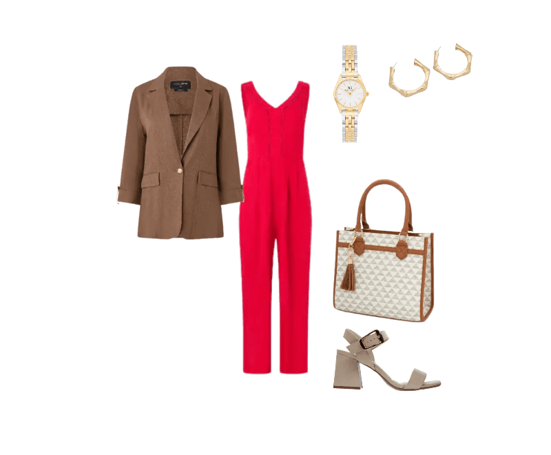 blazer marrom, macacão vermelho, sandália nude, bolsa beige, relógio dourado, brincos dourados