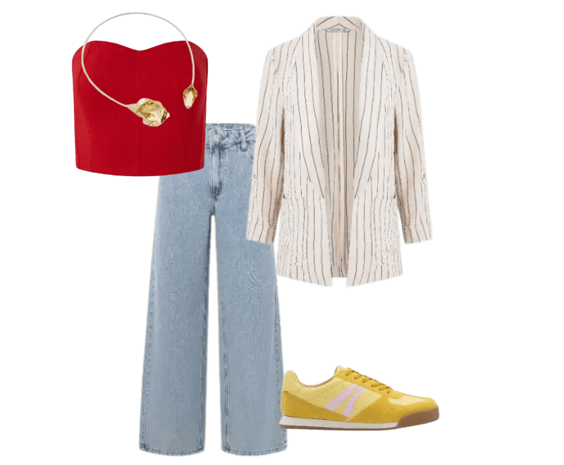 top vermelho estruturado, blazer branco listrado, jeans claro reto, tênis amarelo.