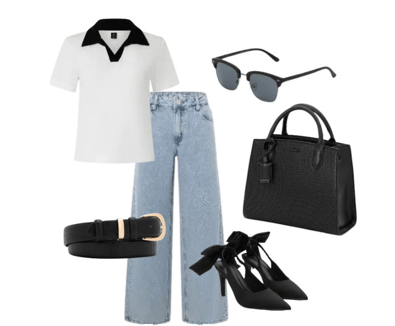 camisa branca polo, calça jeans azul, sapatos pretos de salto, bolsa preta, óculos de sol preto, cinto preto
