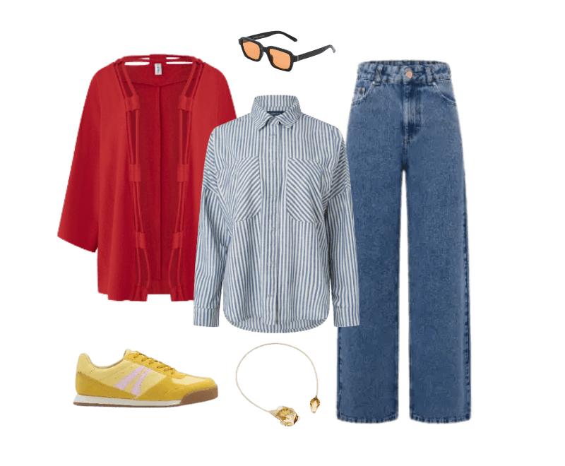 jaqueta vermelha, camisa listrada azul, calça jeans azul, tênis amarelo, óculos escuro, bracelete dourado