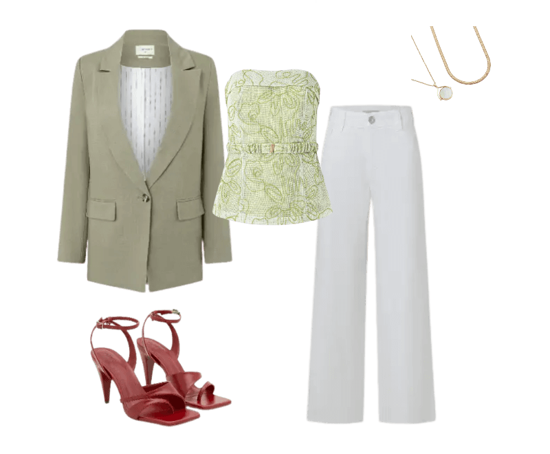 blazer verde claro, corpete verde estampado, calça branca alfaiataria, sandálias vermelhas, colar dourado perolado