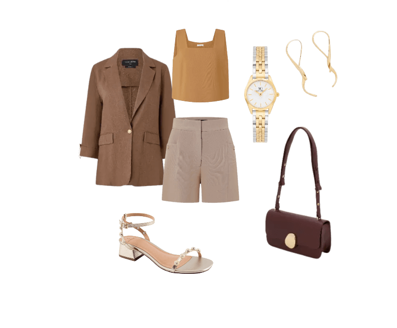 blazer marrom, top caramelo, short bege, sandálias douradas, bolsa vinho, brincos dourados, relógio dourado