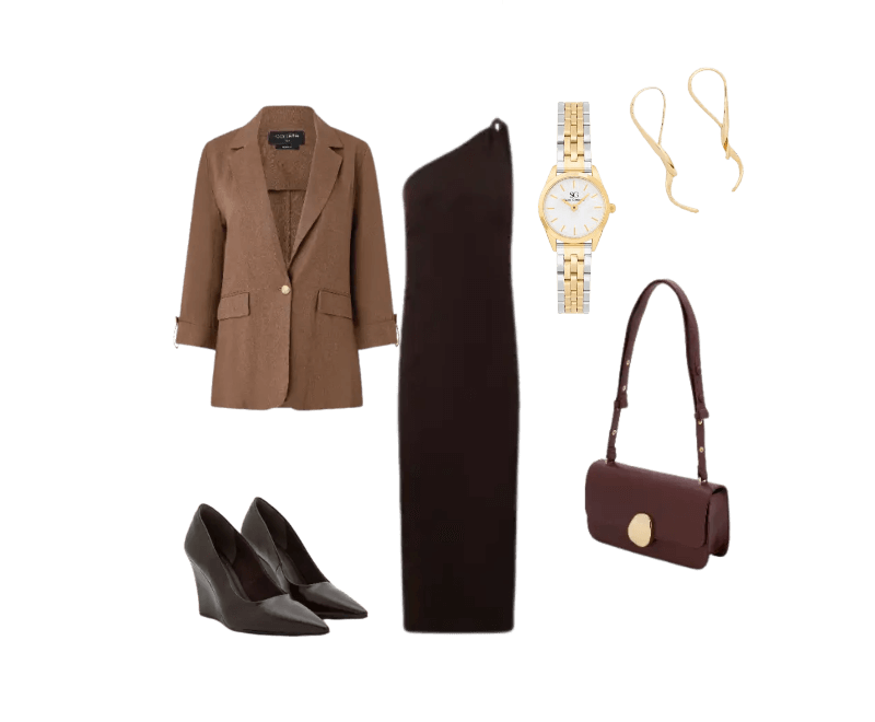 vestido preto assimétrico, blazer marrom, sapatos vinho, bolsa vinho, relógio dourado, brincos dourados