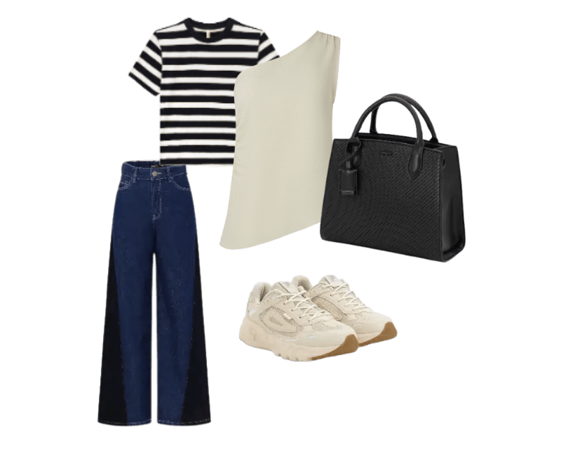 blusa listrada preto e branco, calça jeans azul, tênis off-white, bolsa preta estruturada