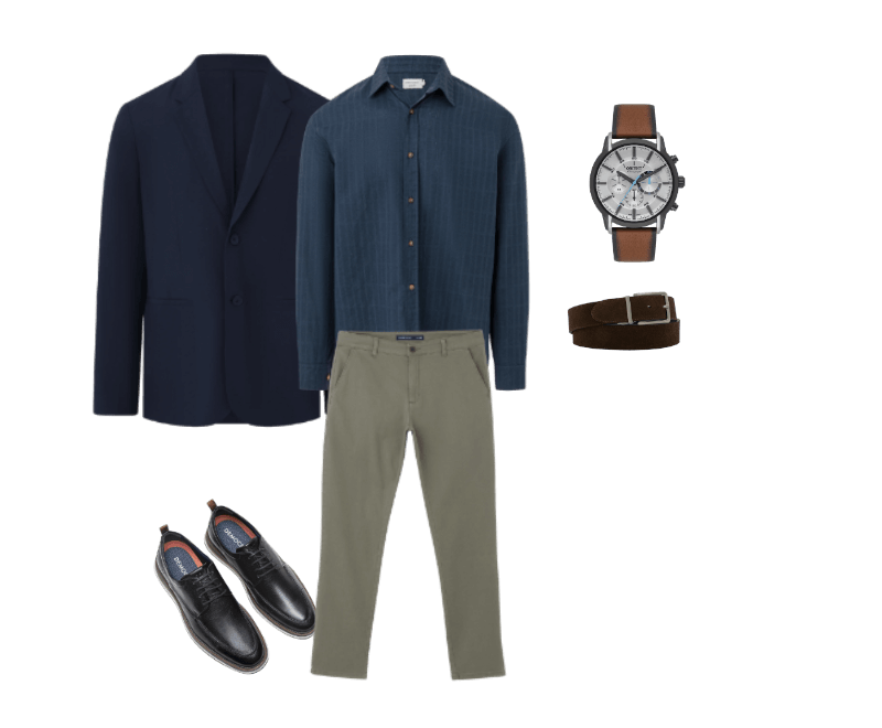 blazer marinho, camisa azul, calça caqui, sapatos de couro preto, cinto marrom, relógio de couro