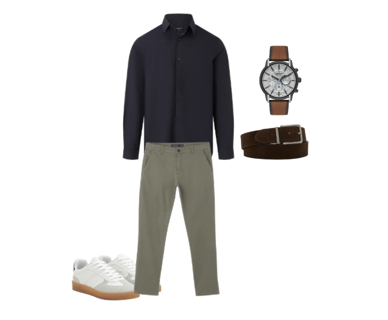 camisa preta social, calça verde chino, tênis branco, cinto marrom, relógio prateado