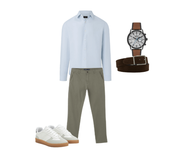 camisa azul clara, calças verde-oliva, tênis brancos, cinto marrom, relógio com pulseira de couro marrom