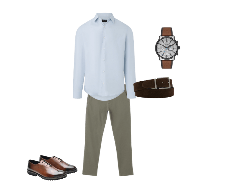 camisa azul claro, calça caqui alfaiataria, sapatos oxford marrons, cinto marrom, relógio de couro.