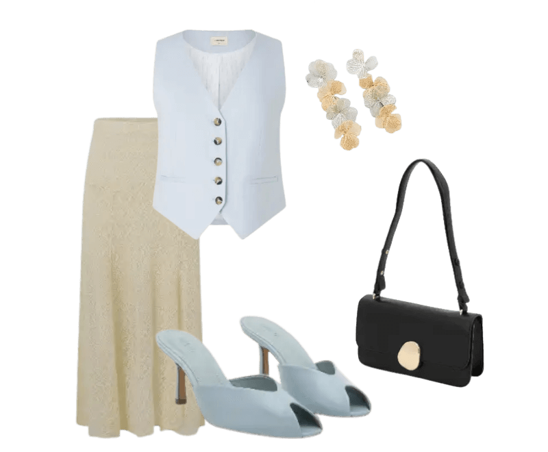 colete azul claro, saia bege rendada, sandálias azul, bolsa preta, brincos florais.