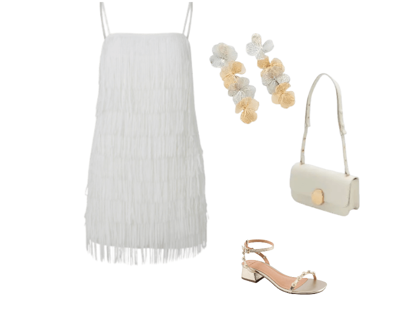 vestido branco franja, brincos dourados, bolsa branca pequena, sandálias neutras salto baixo