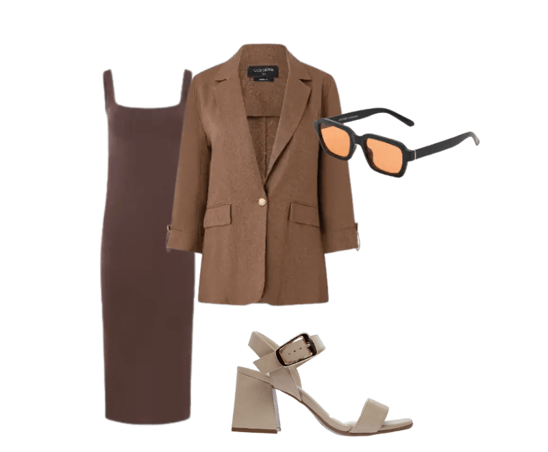 vestido marrom midi, blazer marrom oversized, sandálias nude salto bloco, óculos de sol pretos.