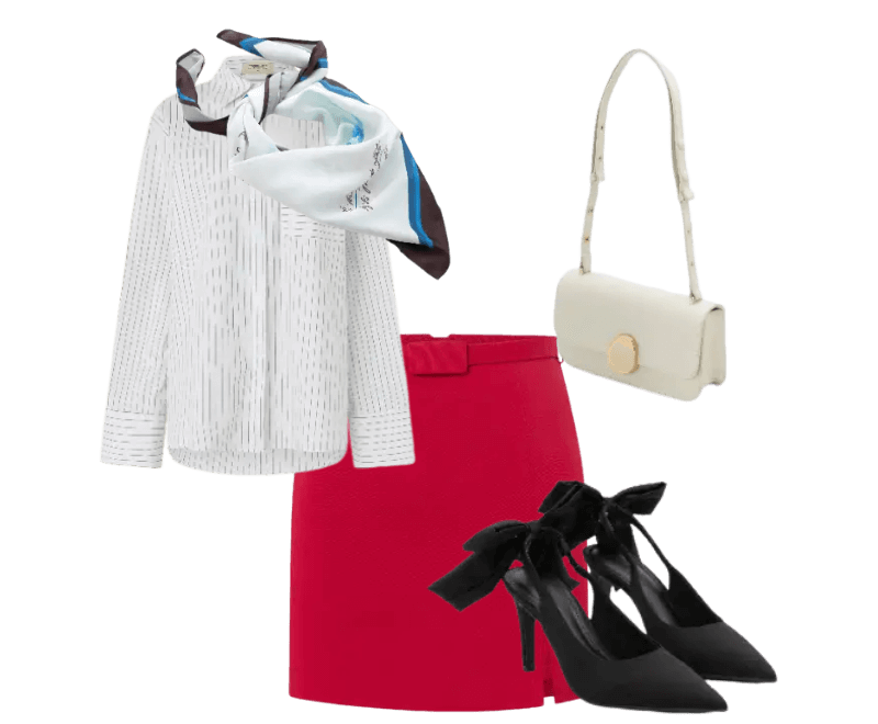blusa branca texturizada, saia vermelha, lenço estampado, bolsa creme, saltos pretos amarrados