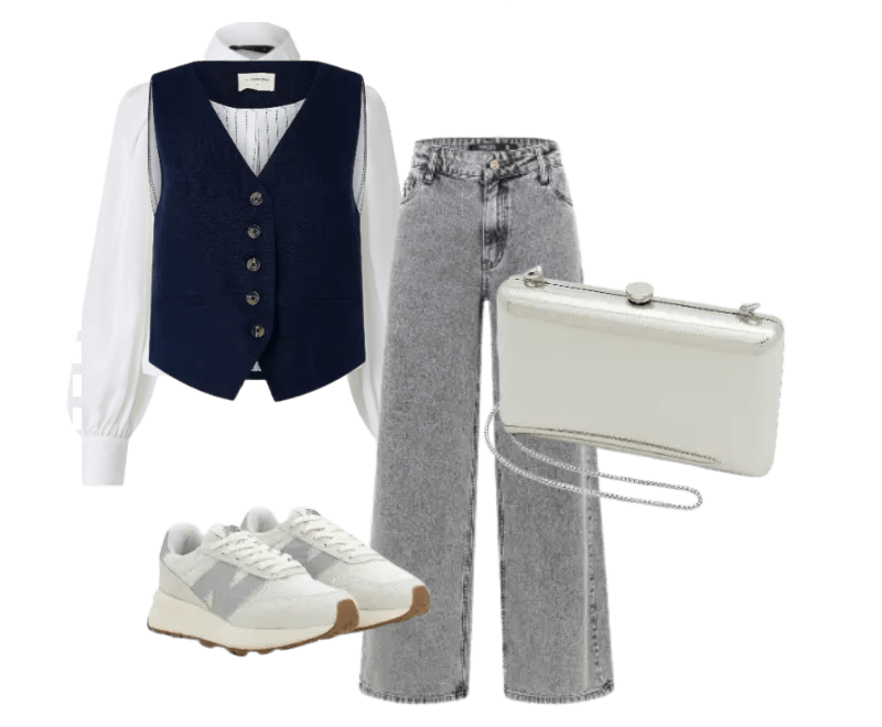 camisa branca, colete azul marinho, calça jeans cinza, tênis brancos, bolsa clutch prateada