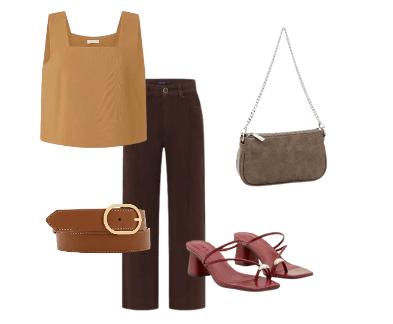 blusa mostarda, calça marrom, cinto marrom, sandálias vermelhas, bolsa marrom