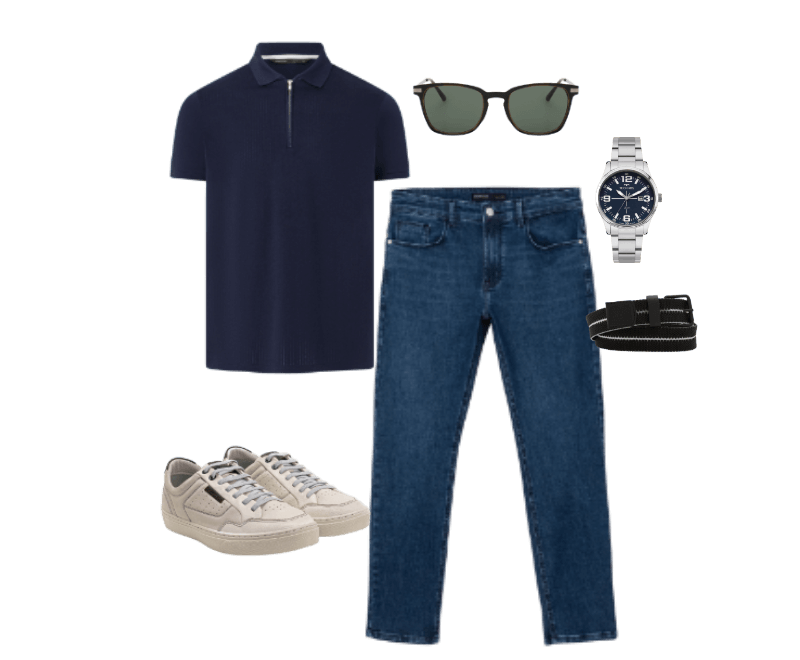 polo azul marinho, jeans azul, tênis bege, óculos de sol, relógio prateado, cinto preto