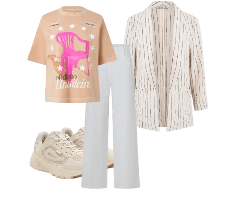 camiseta bege gráfica, blazer listrado, calça branca reta, tênis bege