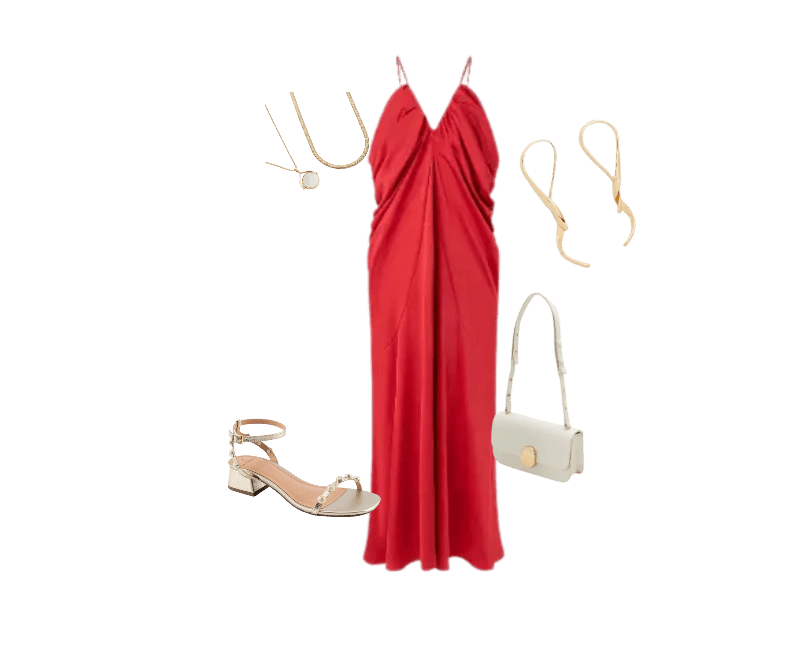 vestido vermelho alcinha, sandália dourada salto baixo, brincos dourados longos, colar dourado, bolsa creme estruturada