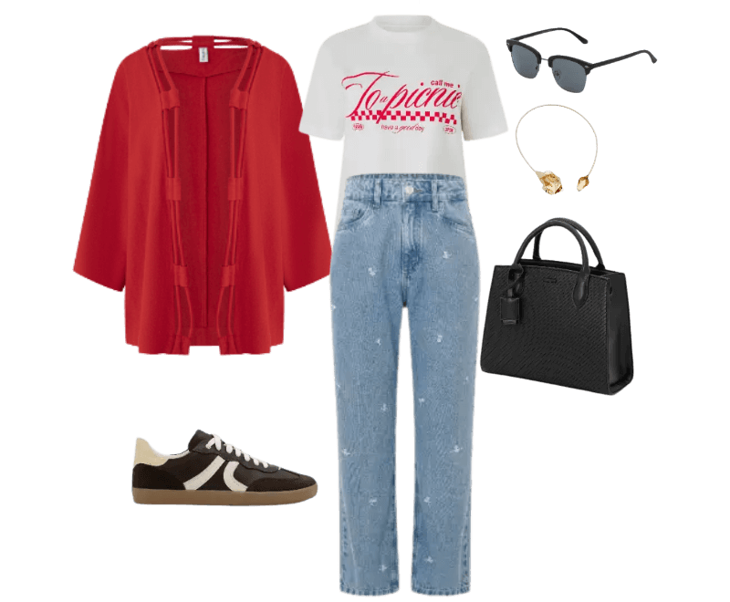cardigã vermelho, camiseta branca, calça jeans clara, tênis preto, bolsa preta, óculos de sol preto, colar dourado.