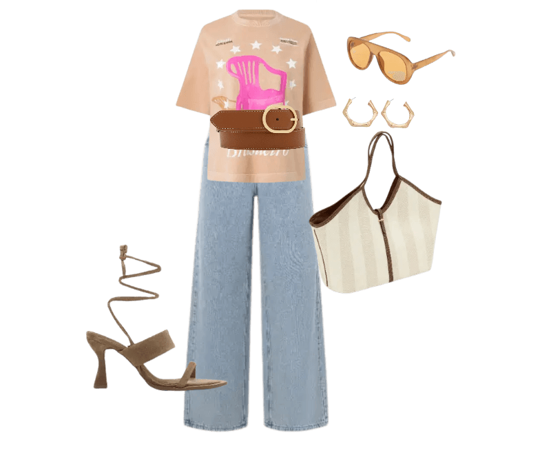 camiseta bege gráfica, calça jeans clara reta, sandália nude de salto, cinto marrom, bolsa listrada neutra, óculos de sol amarelo, brincos dourados