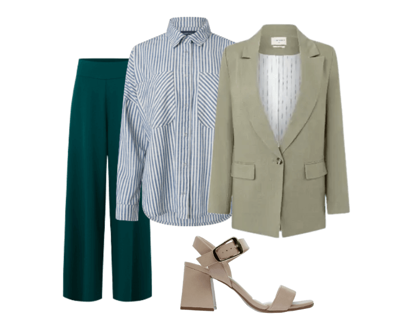 blazer bege, camisa listrada azul e branca, calça verde, sandália nude