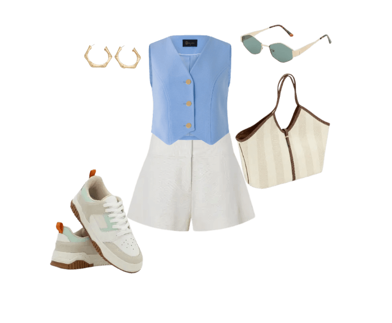 colete azul, short branco, tênis branco, óculos de sol verde, brincos dourados, bolsa de palha