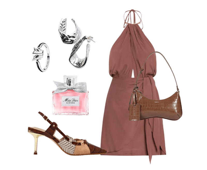 vestido rosa envelhecido, sandálias bicolores, bolsa marrom crocodilo, brincos prateados, anel prateado, perfume.