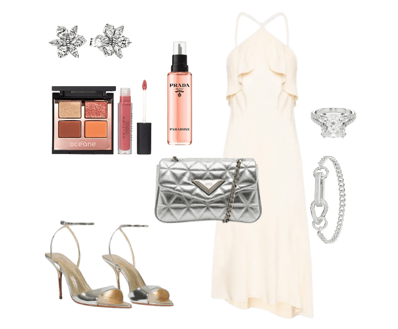 vestido branco longo, sandália prata de salto, bolsa prateada, brincos de pedra, pulseira de prata, anel brilhante.