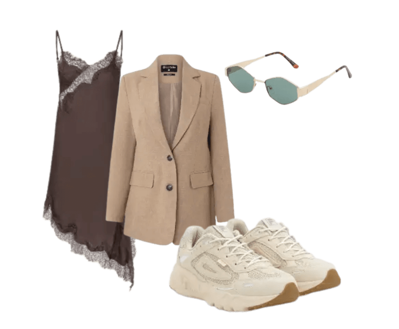 vestido marrom slip, blazer bege, tênis branco, óculos de sol verde