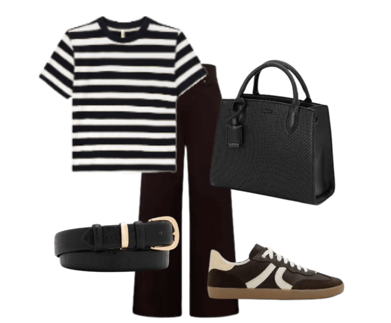 blusa listrada preta e branca, calça marrom, cinto preto, tênis marrom, bolsa preta