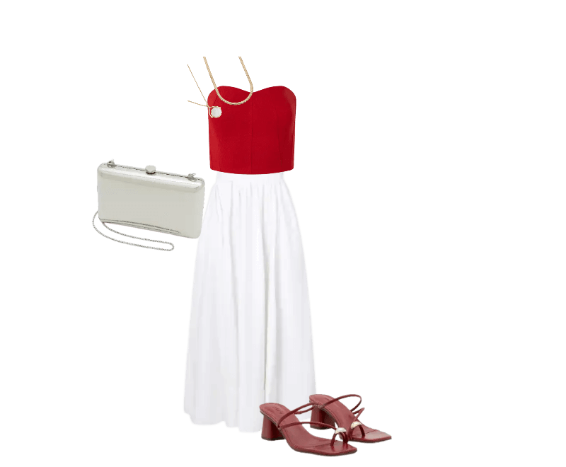 top vermelho, saia longa branca, sandália vermelha, bolsa branca