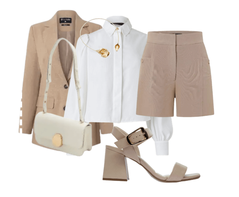 blazer bege, camisa branca, short bege, bolsa creme, sandália bege, acessórios dourados