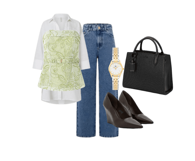 blusa branca, top verde claro estampado, calça jeans, sapatos pretos de salto, bolsa preta, relógio dourado.