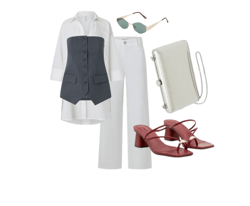 camisa branca longa, colete cinza, calça branca, sandálias vermelhas, bolsa branca, óculos de sol verdes